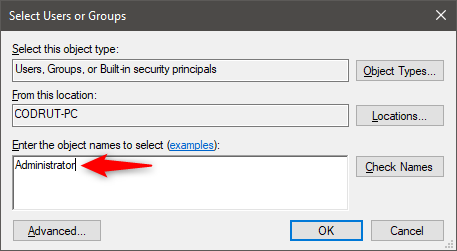 Entering the name of the user or group that get access to the shared folder