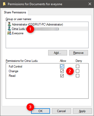 Choosing the shared folder access permissions for a user