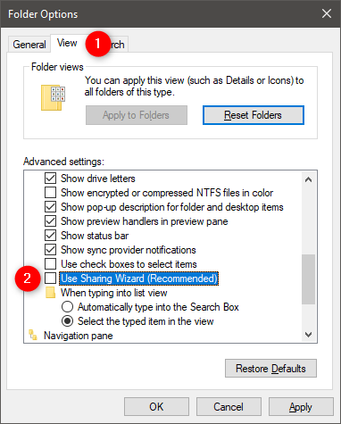 The Use Sharing Wizard (Recommended) setting in File Explorer