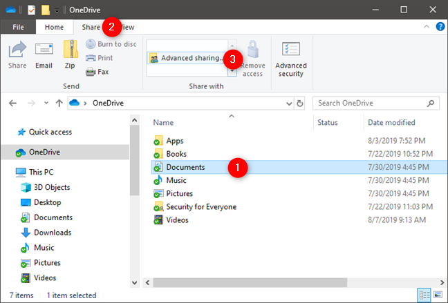 Opening the Advanced Sharing options from the Share tab of File Explorer