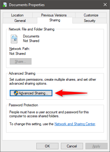 The Advanced Sharing button from the folder Properties window