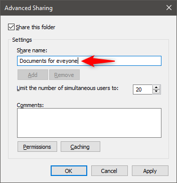 Choosing the Share name for the folder