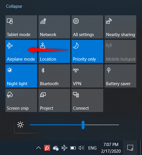 Enable or disable Airplane mode from the Action Center