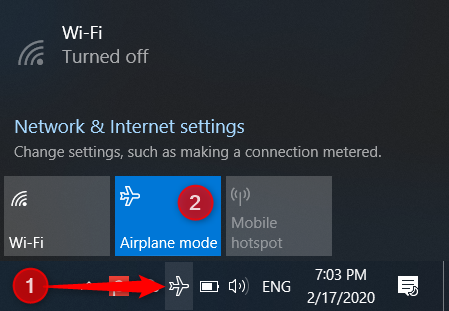 Turning off the Airplane mode in Windows 10