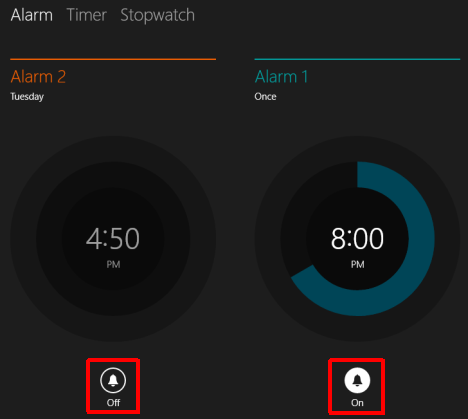 Windows 8.1, alarms, create, edit, turn off, delete
