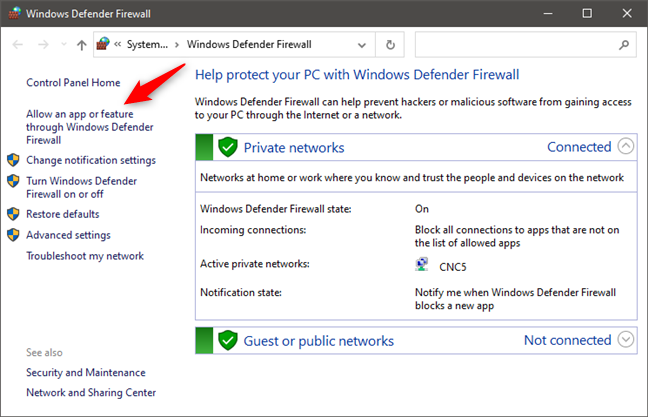 Allow an app or feature through Windows Defender Firewall