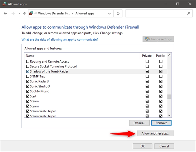 Choosing to Allow another app to go through Windows Firewall