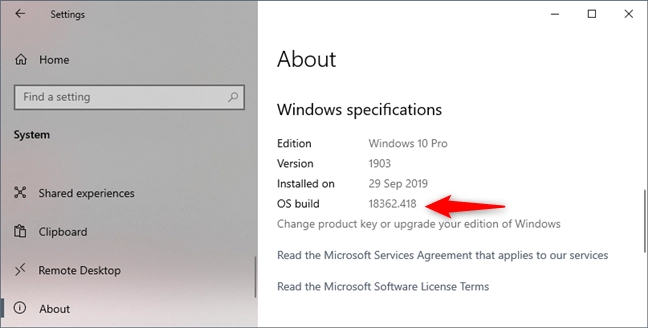 Windows 10 Pro, version 1903, build 18362.418