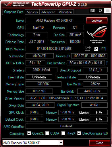 GPU-Z details about the AMD Radeon RX 5700 XT