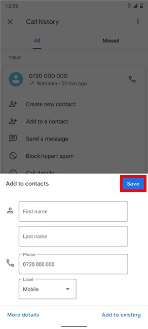 Add contact details and press Save