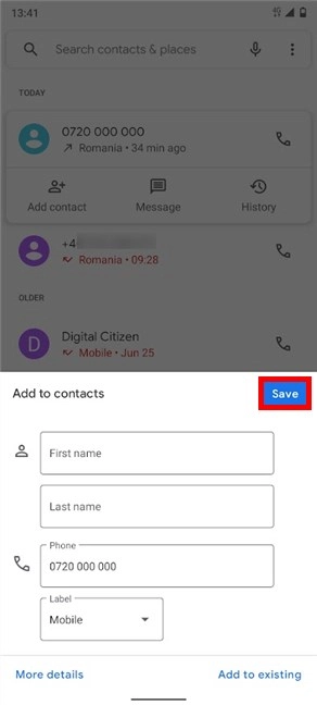 Tap Save after adding details for the new contact