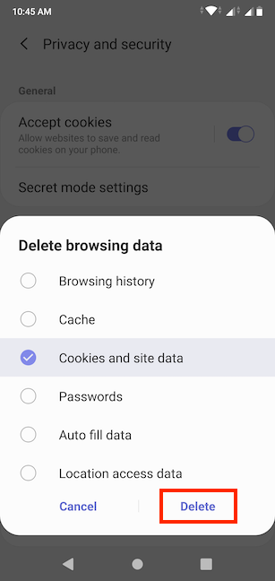 Decide what data to clear and tap Delete