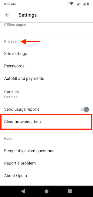 Clear browsing data under Privacy