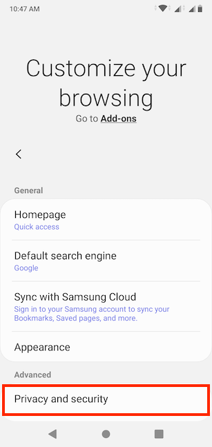 Go to Privacy and security