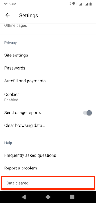 Opera lets you know the data you selected is cleared
