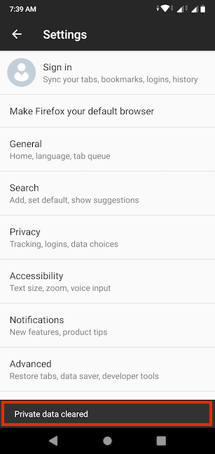 The private data you selected was cleared from Firefox