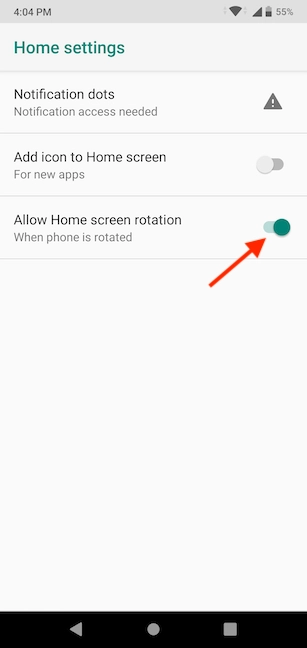 Enable the switch to let the Home screen rotate