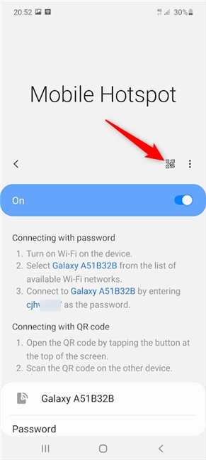 Use the button to access a QR code and connect to your Samsung hotspot without a password