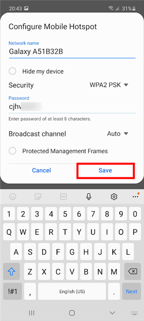 Configure Mobile Hotspot and tap <em>Save</em>