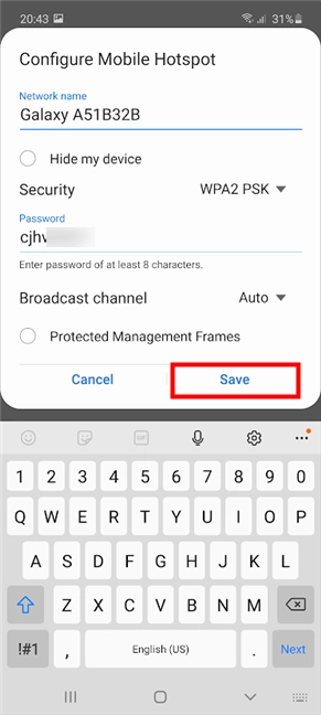 Configure Mobile Hotspot and tap <em>Save</em>