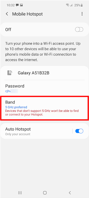 Changing the hotspot Band on Samsung Galaxy warns you about possible compatibility issues