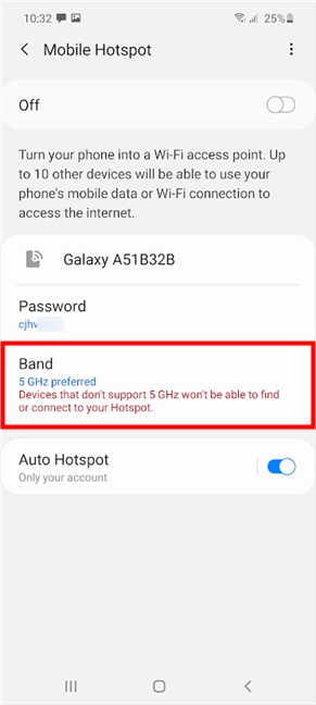 Changing the hotspot Band on Samsung Galaxy warns you about possible compatibility issues