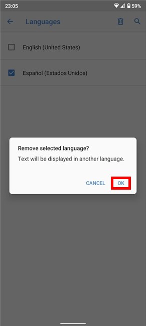 Confirm the removal of the selected language