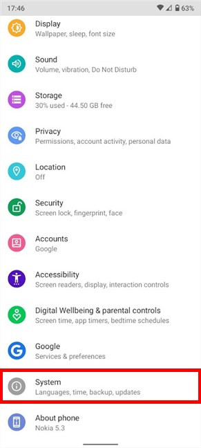 Go to System settings on Android