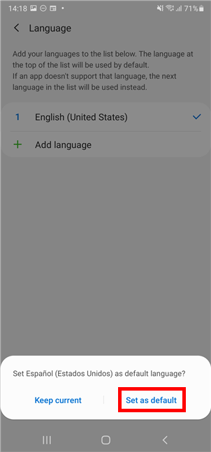 Press on Set as default to change the language on your Samsung device