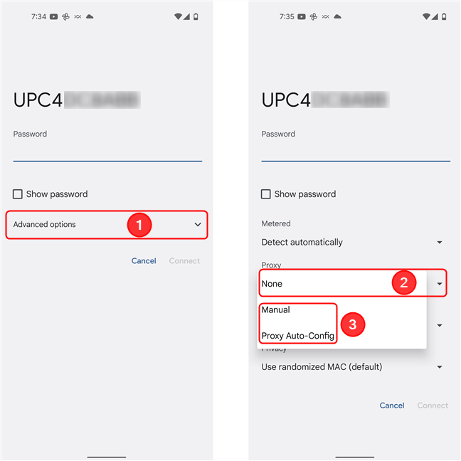 Tap on Advanced options, then on the default value below Proxy