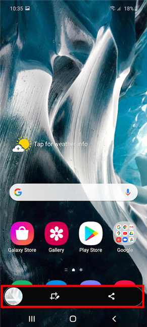 The Samsung screenshot notification is displayed at the bottom of the screen
