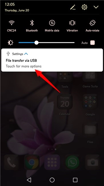 The USB Settings notification expanded