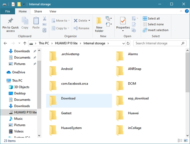 The folders and files from an Android smartphone