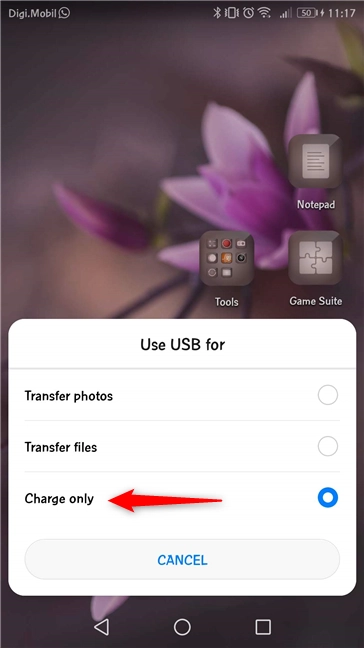 Choosing the Charge only option, on your Android smartphone