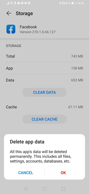 Confirm the removal of the app's data and settings