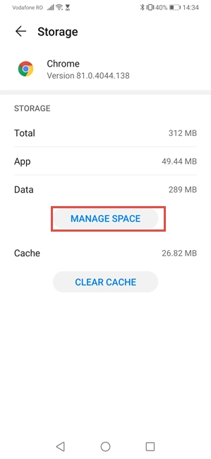 On Chrome's Storage page, tap Manage Space