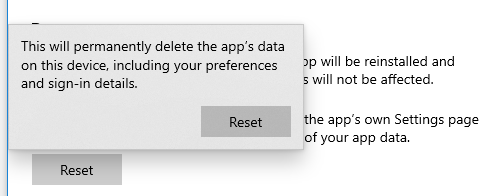 Resetting a Windows 10 app