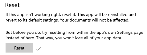 The Windows 10 app has been reset