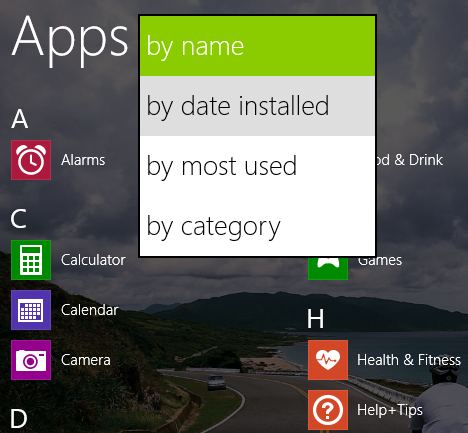 Windows 8.1, Apps View, category, name, installed date, usage, programs