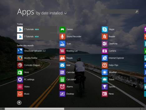 Windows 8.1, Apps View, category, name, installed date, usage, programs