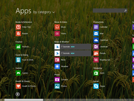 Windows 8.1, Apps View, category, name, installed date, usage, programs