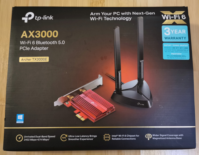 The packaging for TP-Link Archer TX3000E