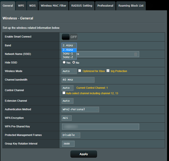 ASUS RT-AX92U allows different settings for each WiFi band