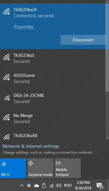 Wireless networks displayed by Windows 10