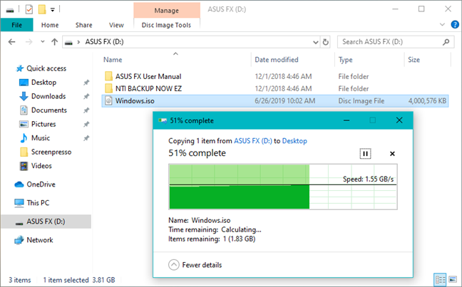 Copying a large file from the ASUS FX HDD on a Windows 10 PC