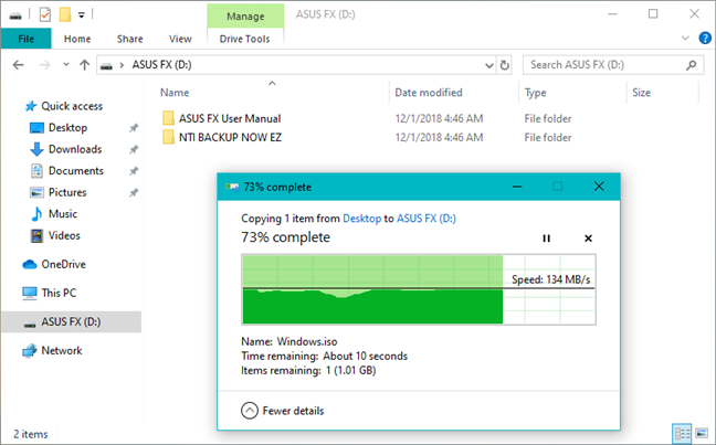 Copying a large file from Windows 10 to the ASUS FX HDD