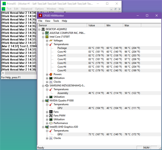 ASUS Mini PC PB60G temperatures while running Prime95