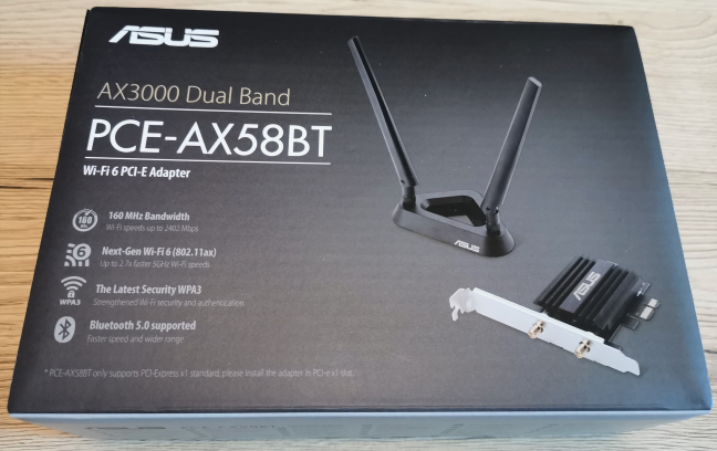 The packaging used for the ASUS PCE-AX58BT