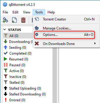 Accessing the Options for qBittorrent