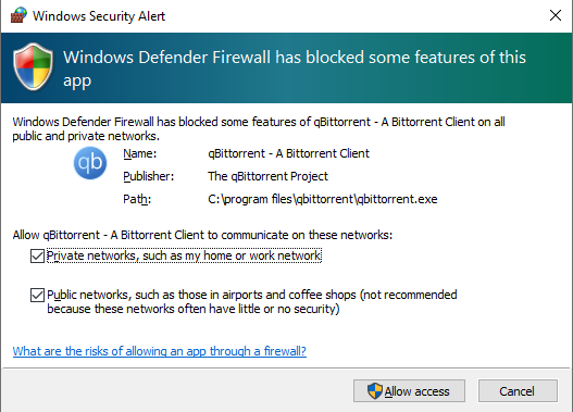 Windows Defender Firewall asking if you want to allow access for your BitTorrent client